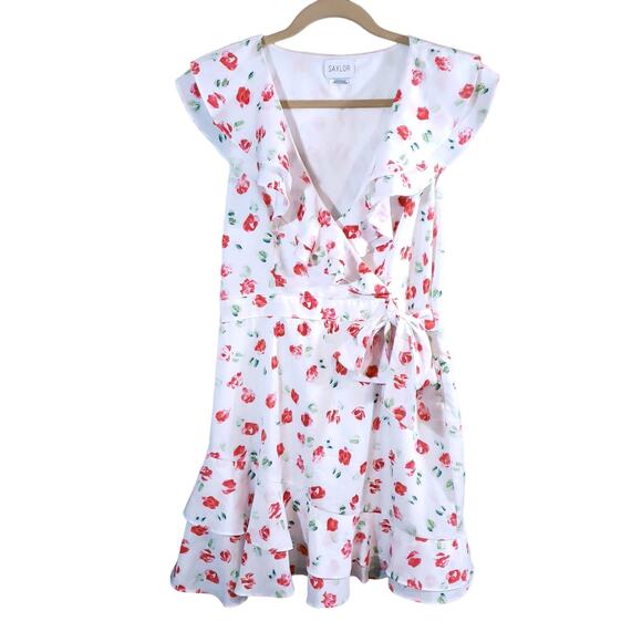 Saylor Cassandra Ruffled Floral Sleeveless Mini Wrap Dress Women's L - Picture 2 of 7